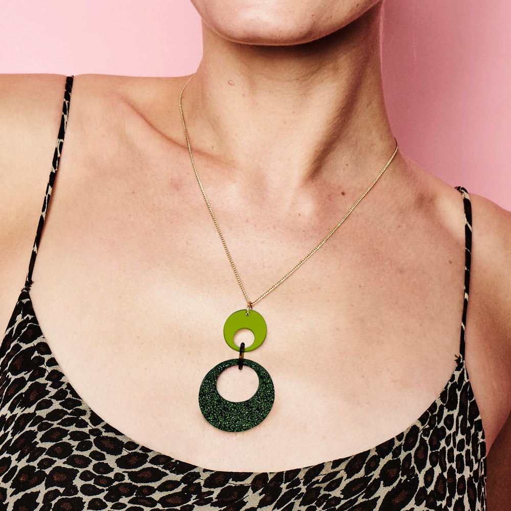 Swinging Circle Pendant - Forest Green Glitter & Lime Zest Green