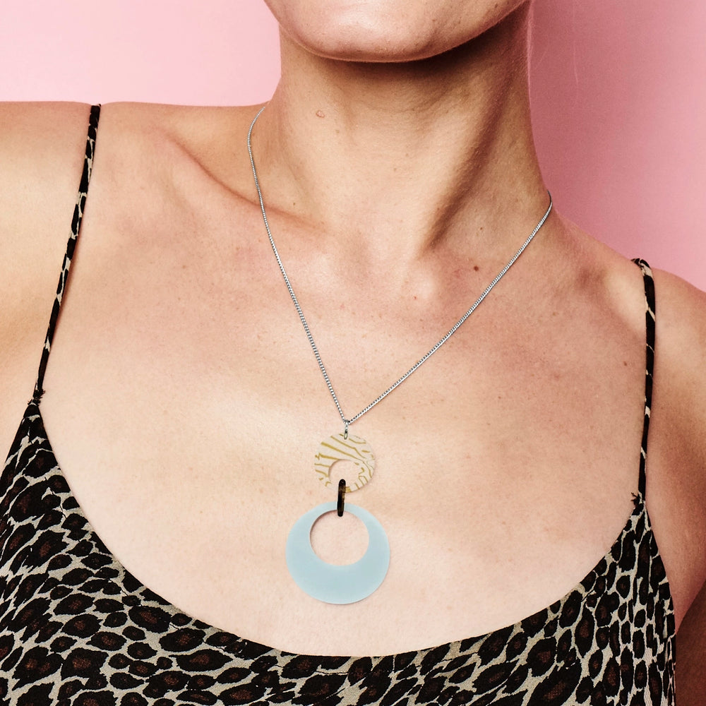 Swinging Circle Pendant - Light Blue & Shell
