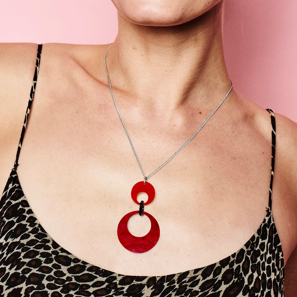 Swinging Circle Pendant - Pink Swirl & Royal Red