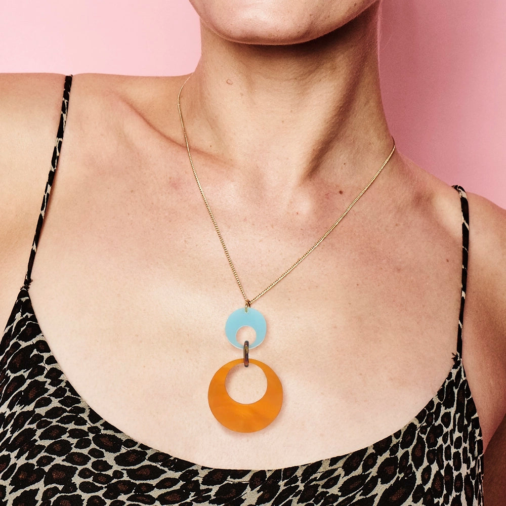 Swinging Circle Pendant - Orange Pearl & Light Blue