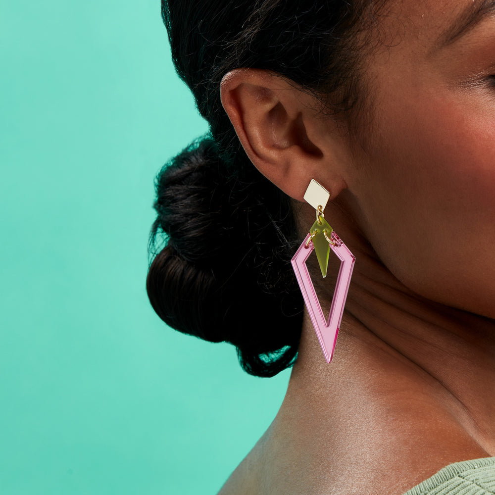 Arrowhead Earrings - Pink Mirror and Green