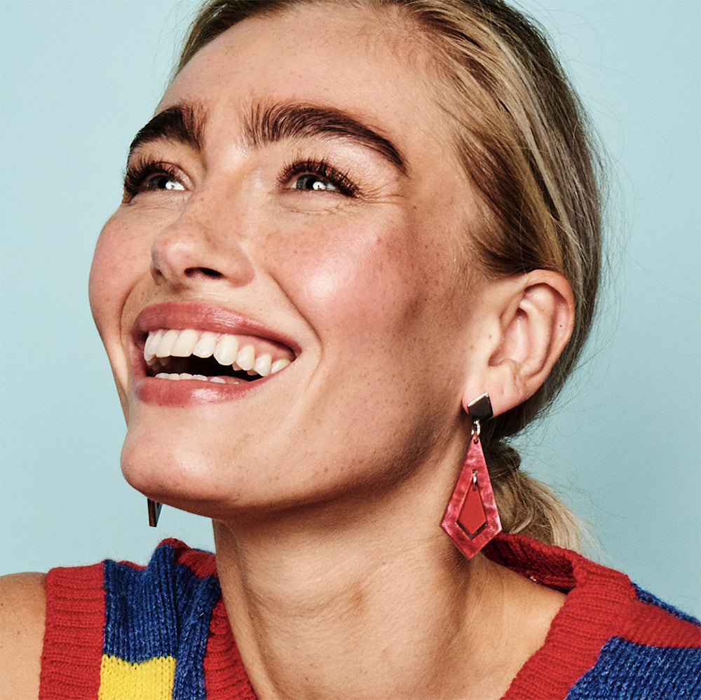 Art Deco Diamond Earrings - Pink Swirl & Royal Red