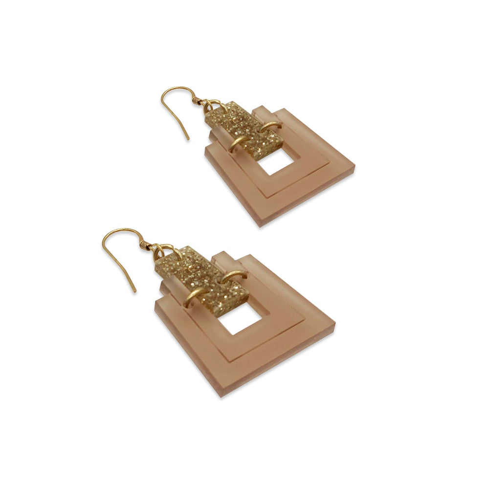 Art Deco Square Earrings - Champagne & Gold Glitter