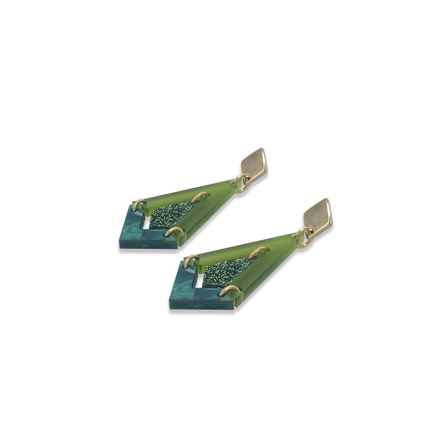 Art Deco Diamond Drop Earrings - Lime Zest Green, Forest Green Glitter & Emerald Pearl