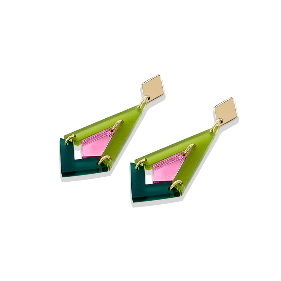 Art Deco Diamond Drop Earrings - Lime Zest Green, Pink Mirror & Emerald