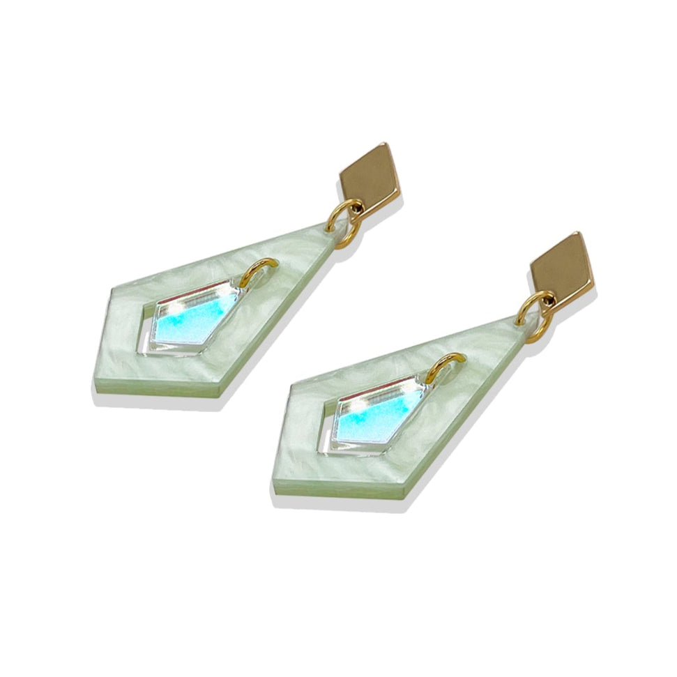 Art Deco Diamond Earrings - Light Green & Iridescent
