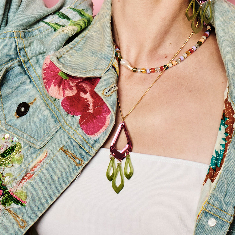 Feather Drop Pendant - Pink Mirror & Lime Zest Green