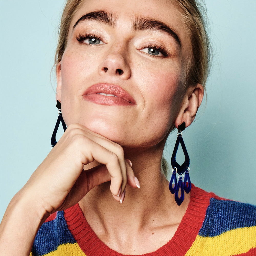 Feather Drop Earrings - Dark Blue Swirl & Sapphire