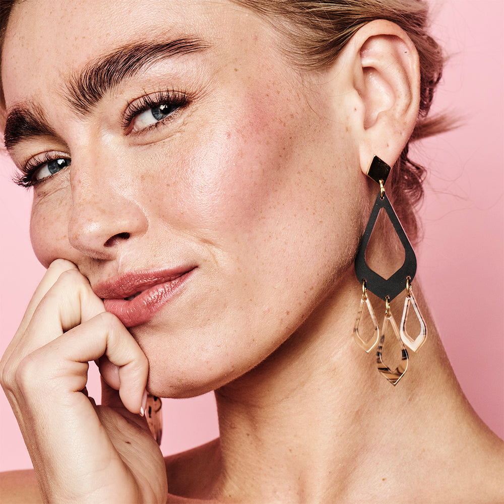 Feather Drop Earrings - Black & White Tortoiseshell