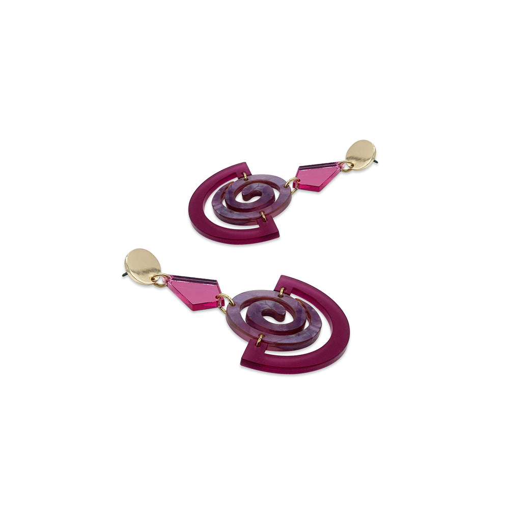 Swirly Boatman Earrings - Plum, Amethyst Pearl & Pink Mirror