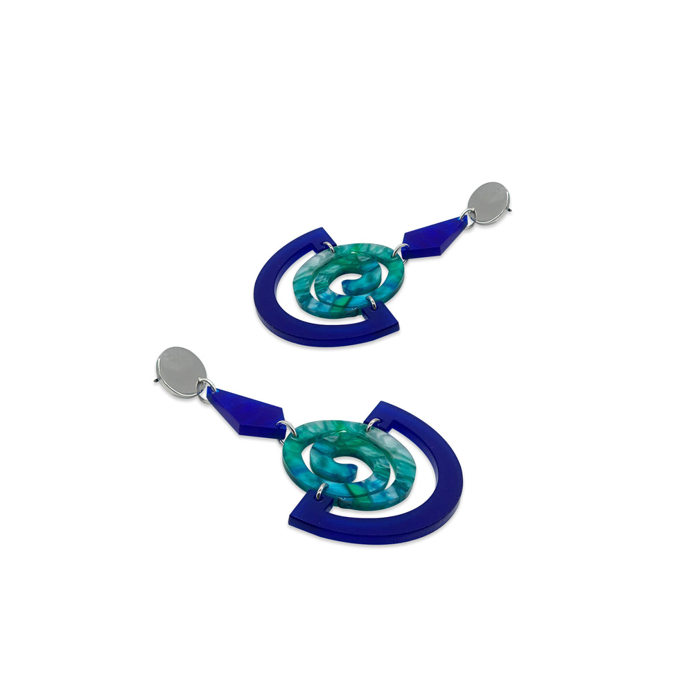 Swirly Boatman Earrings - Sapphire, Blue & Green Lava, & Blue Pearl