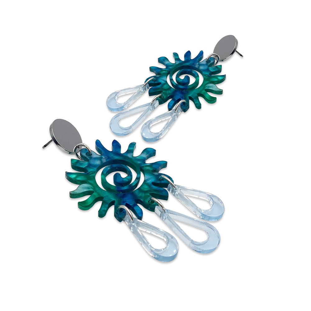 Sun Chandelier Earrings - Blue & Green Lava with Translucent Blue