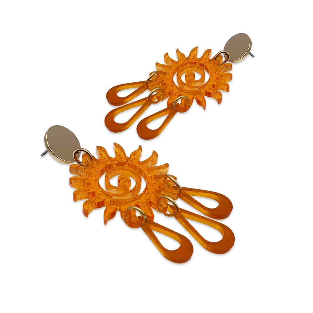 Sun Chandelier Earrings - Orange Glitter with Burnt Orange
