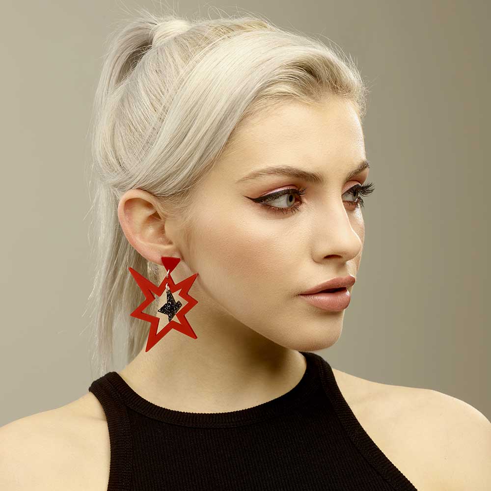 Ker-Pow Earrings - Royal Red & Black Gllitter