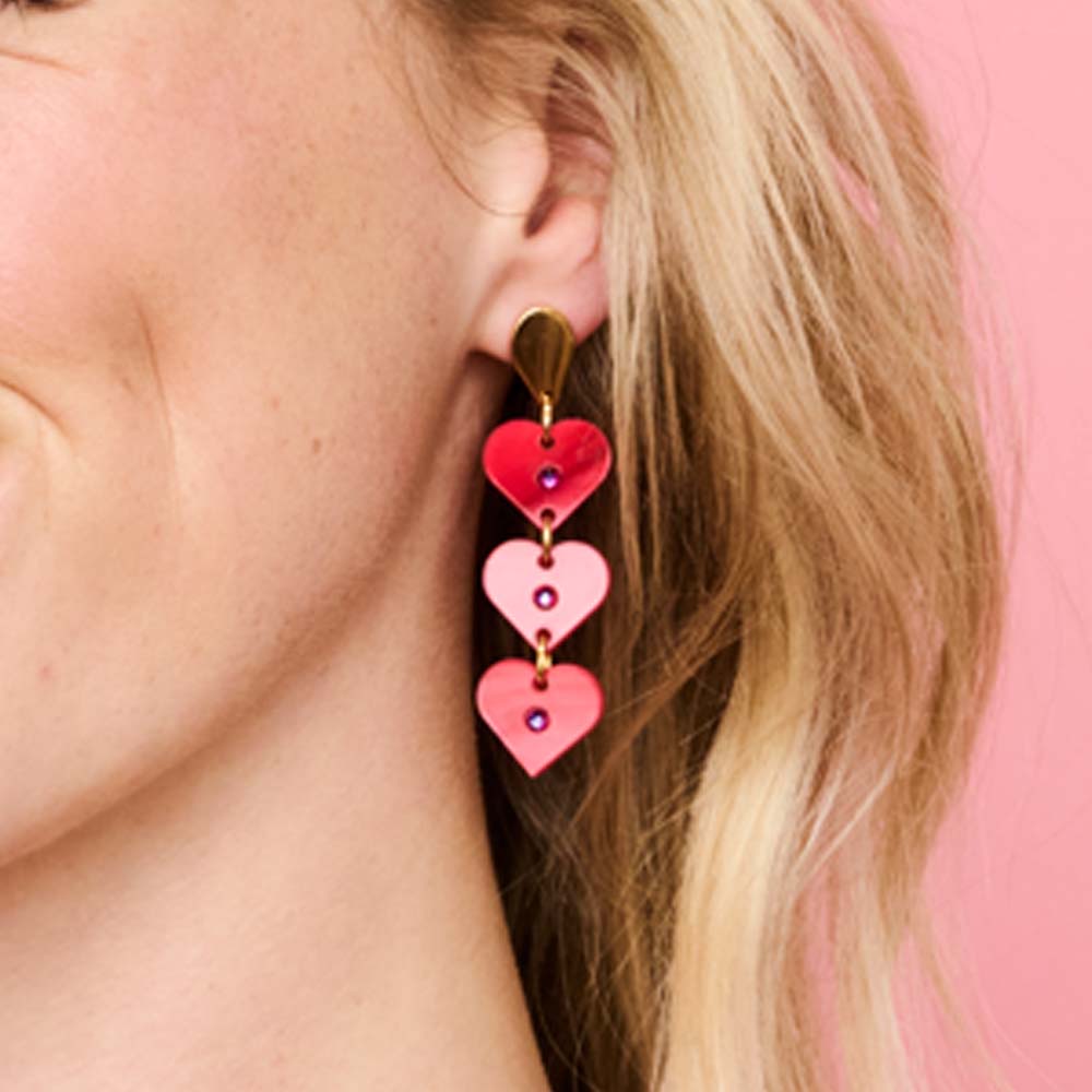 Toolally Earrings Crystal Heart Drops Red