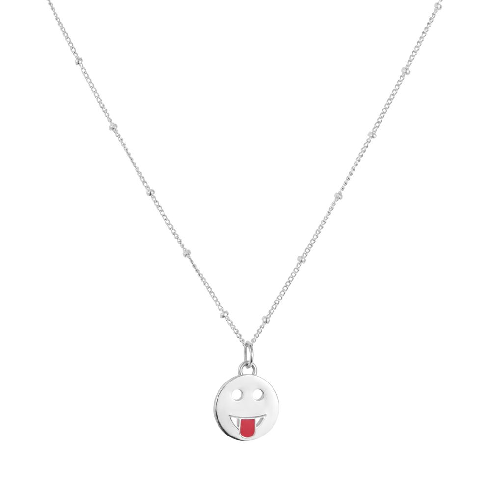 Tongue out emoji necklace in sterling silver with pink enamel