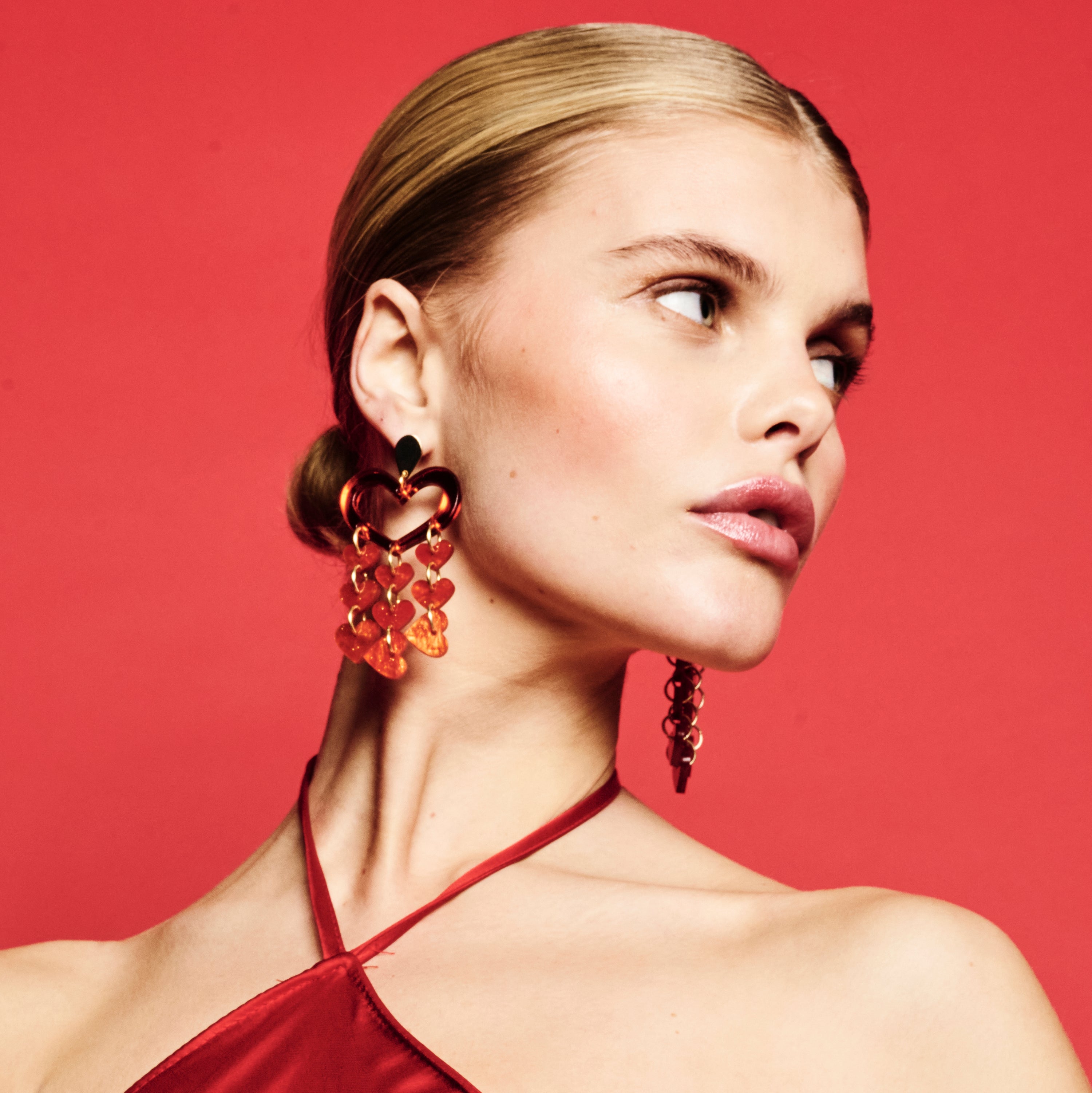 Heart Chandelier Earrings - Sienna Red