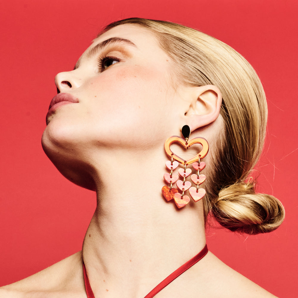 Heart Chandelier Earrings - Sienna Red