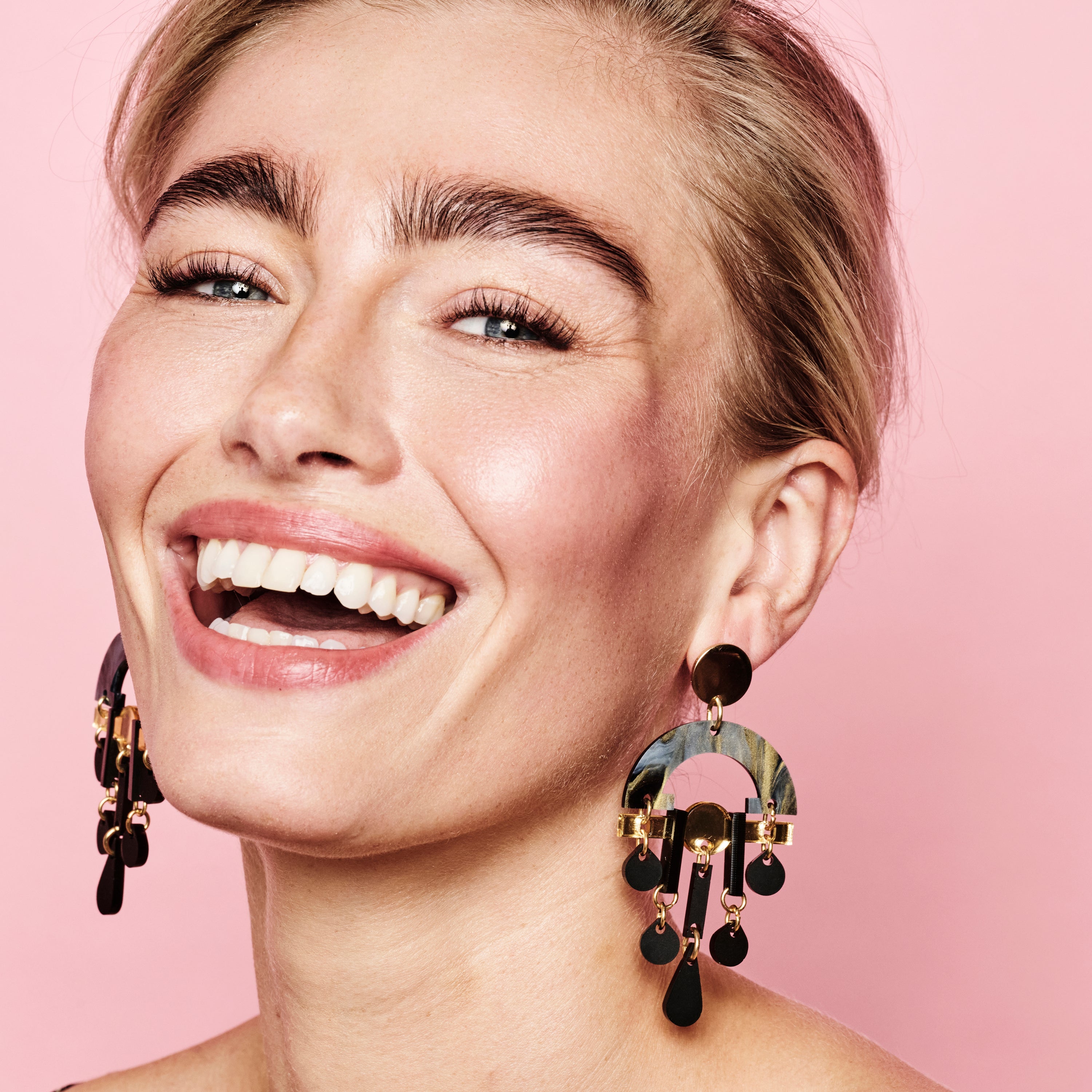 Fan Chandelier Earrings - Black Swirl & Gold