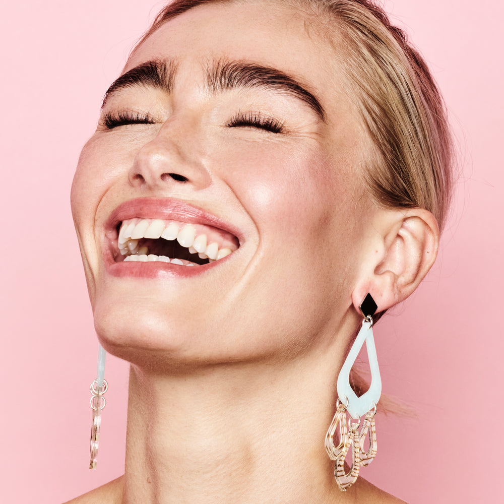 Feather Drop Earrings - Light Blue & Shell