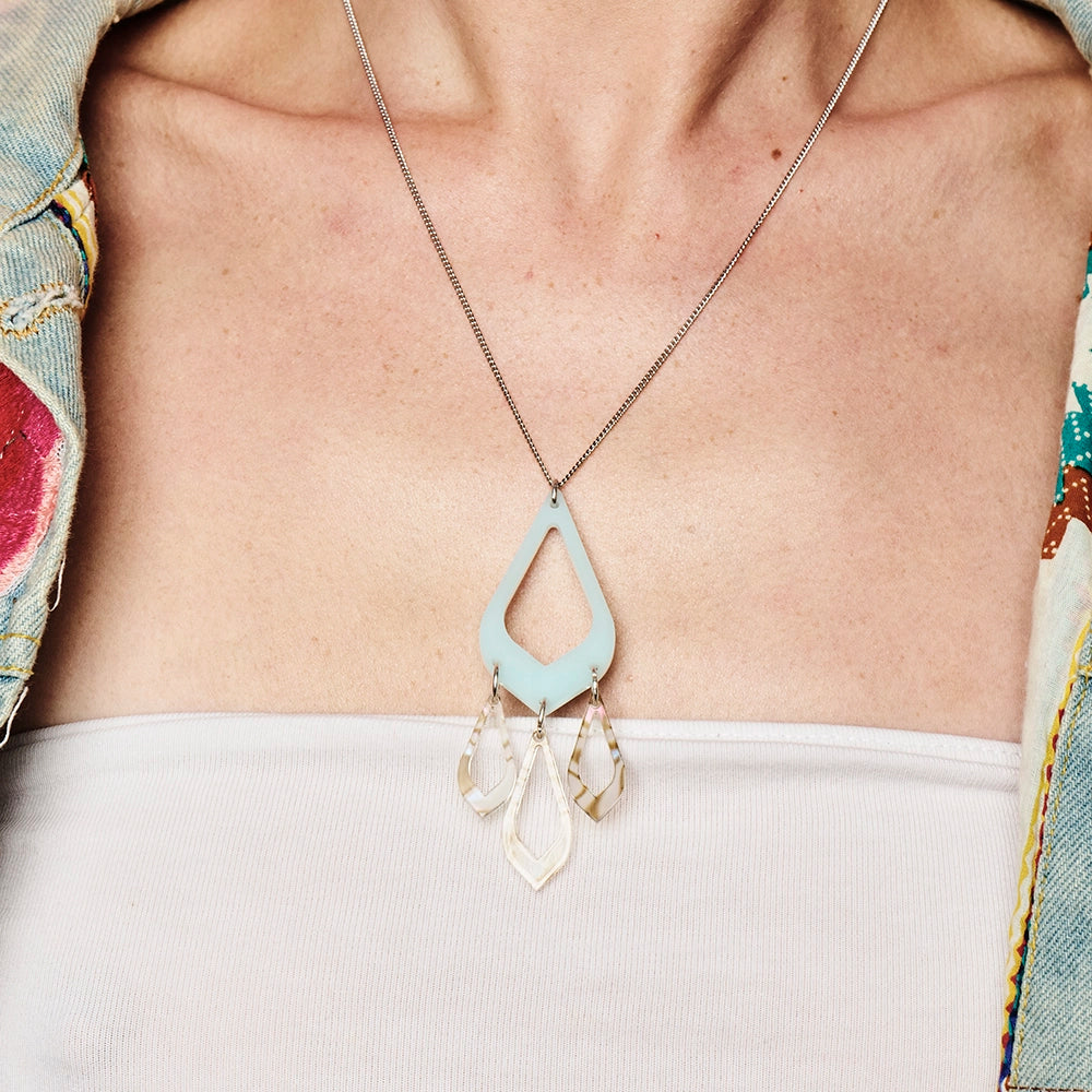 Feather Drop Pendant - Island Blue & Shell