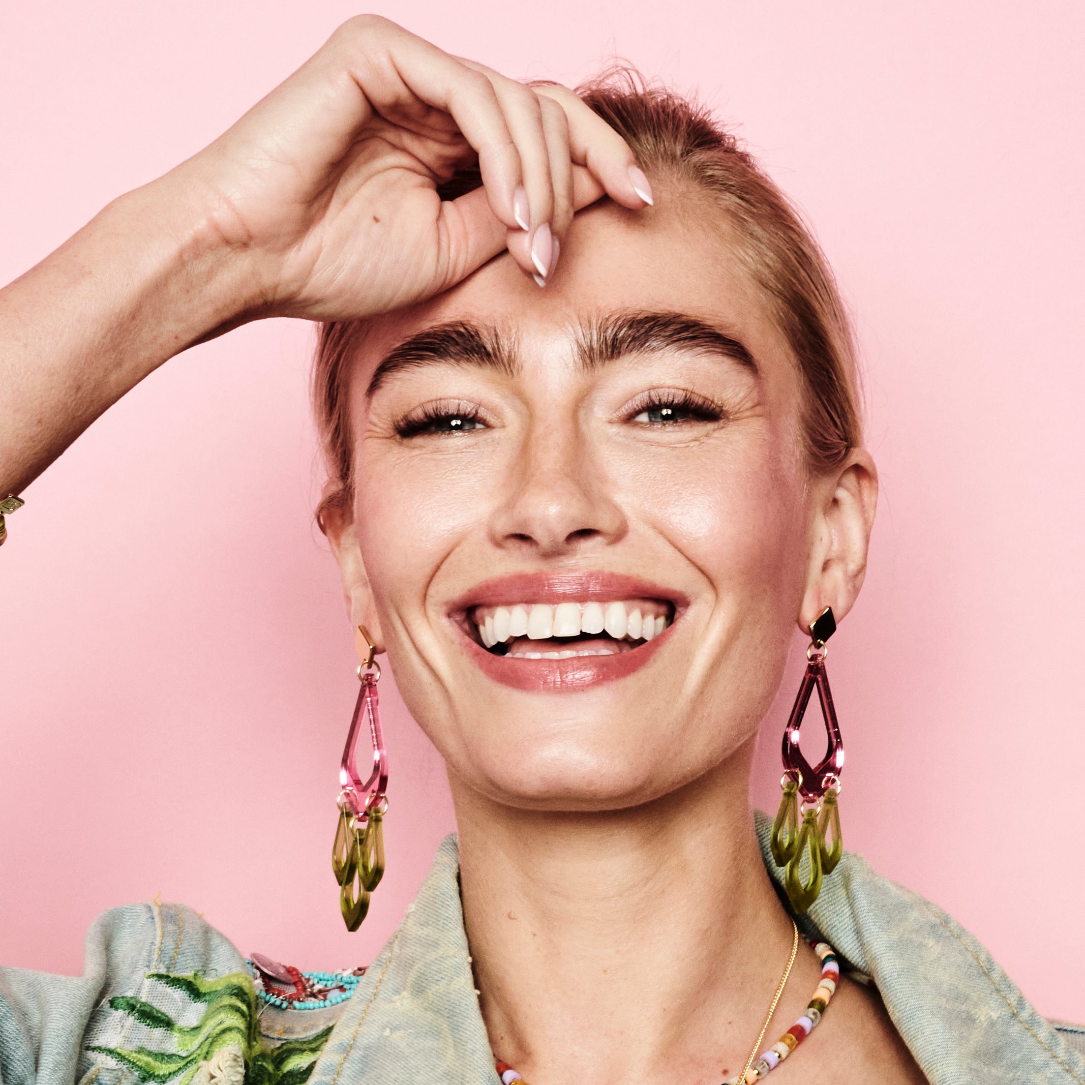 Feather Drop Earrings - Pink Mirror & Lime Zest Green