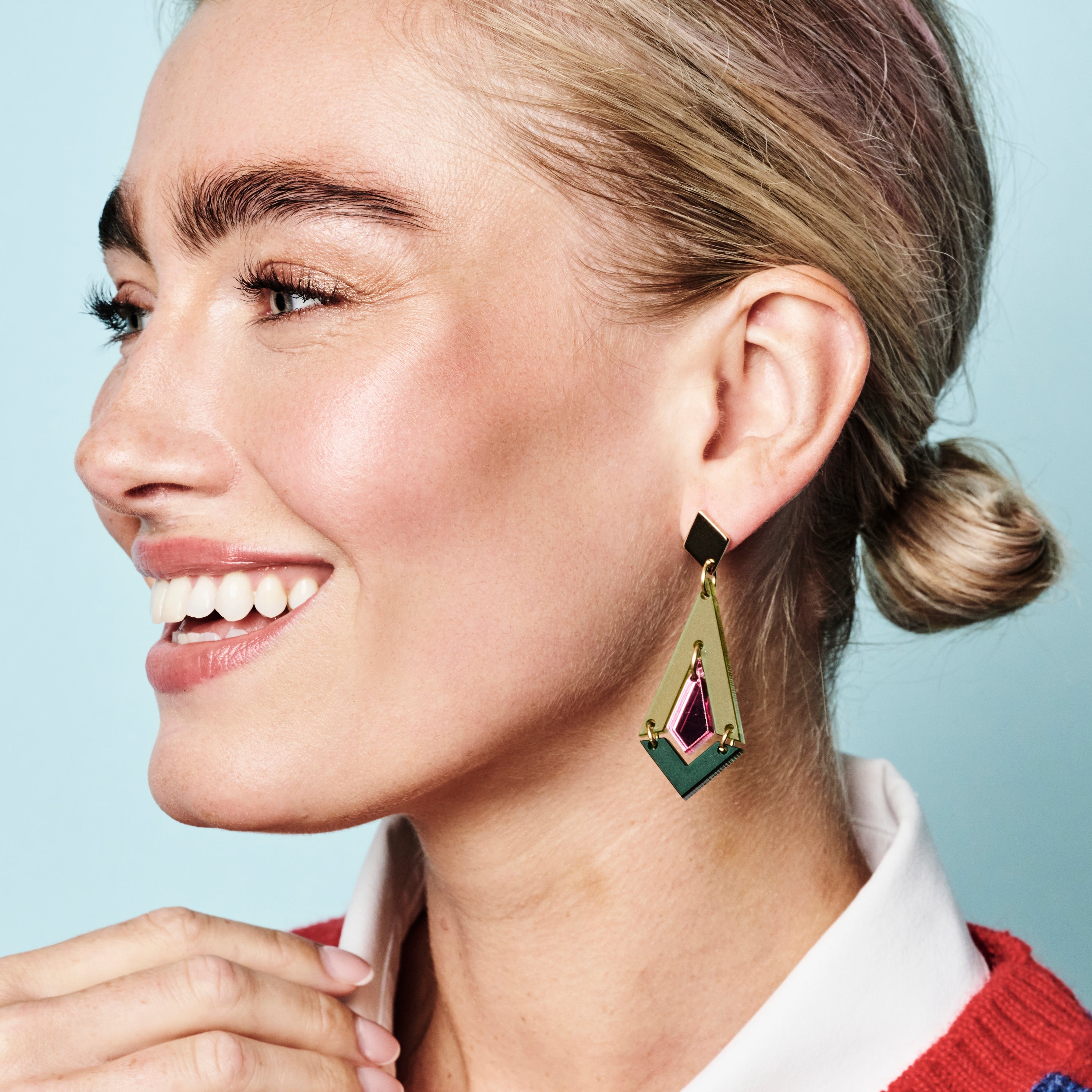 Art Deco Diamond Drop Earrings - Lime Zest Green, Pink Mirror & Emerald