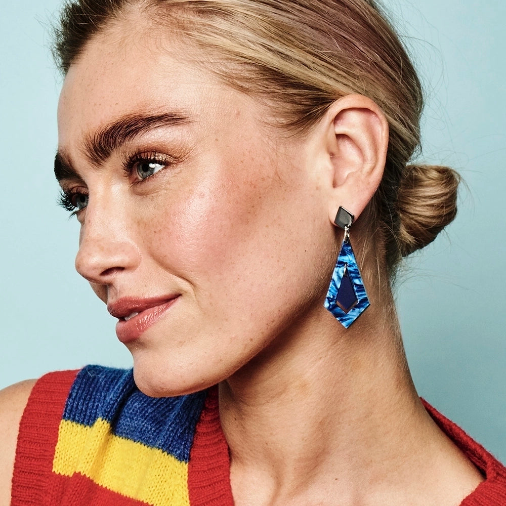 Art Deco Diamond Earrings - Midnight Blue Swirl & Sapphire