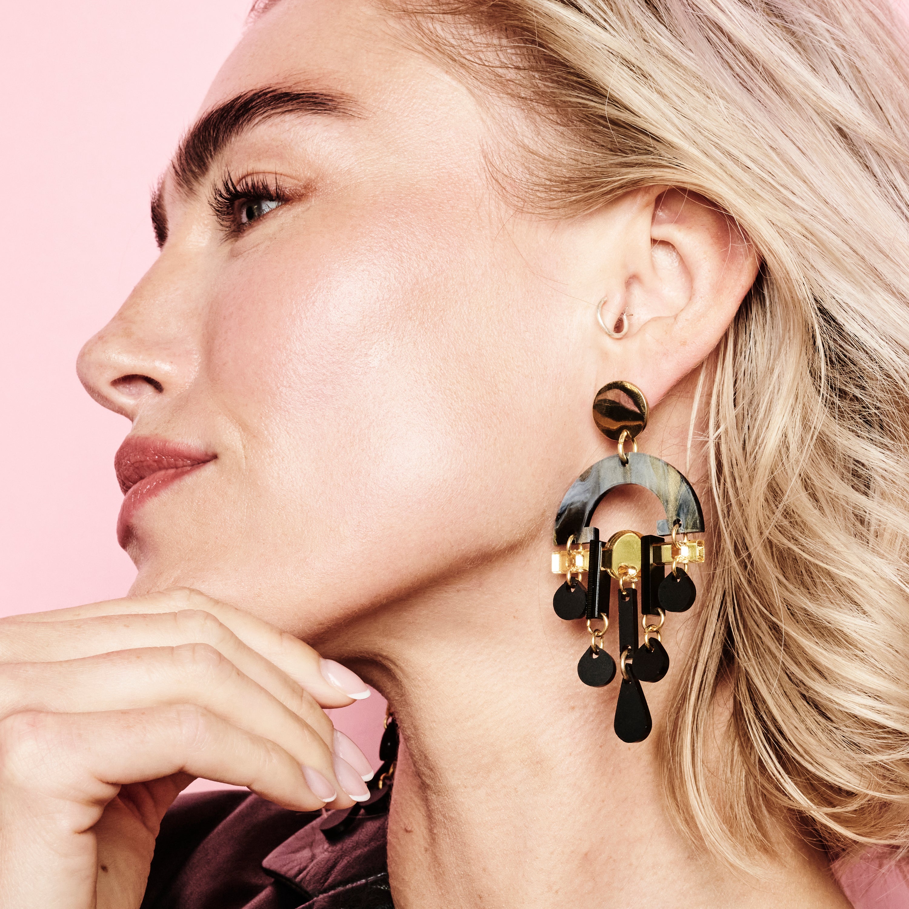Fan Chandelier Earrings - Black Swirl & Gold