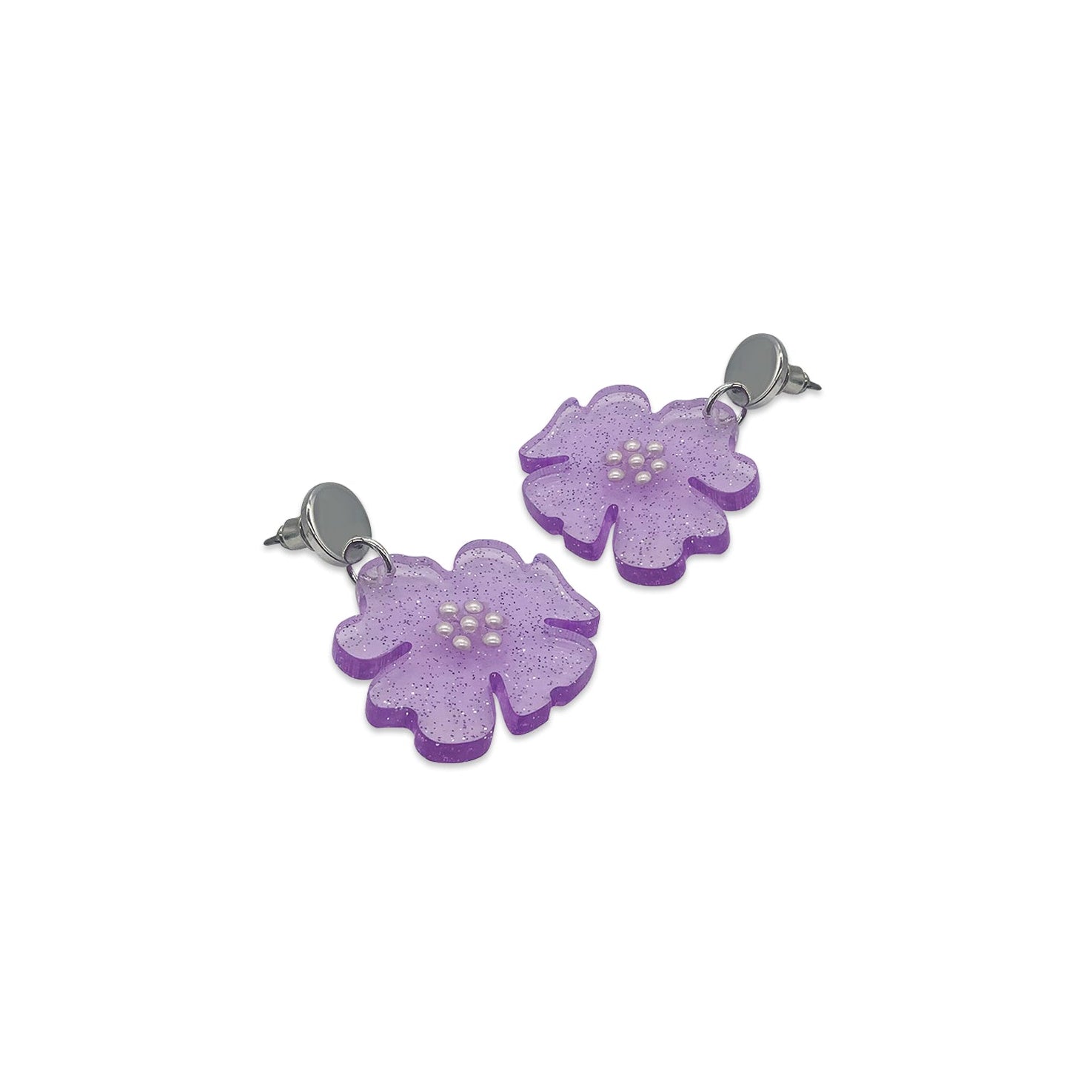 Anemone Earrings - Purple Glitter & Pearl Crystals