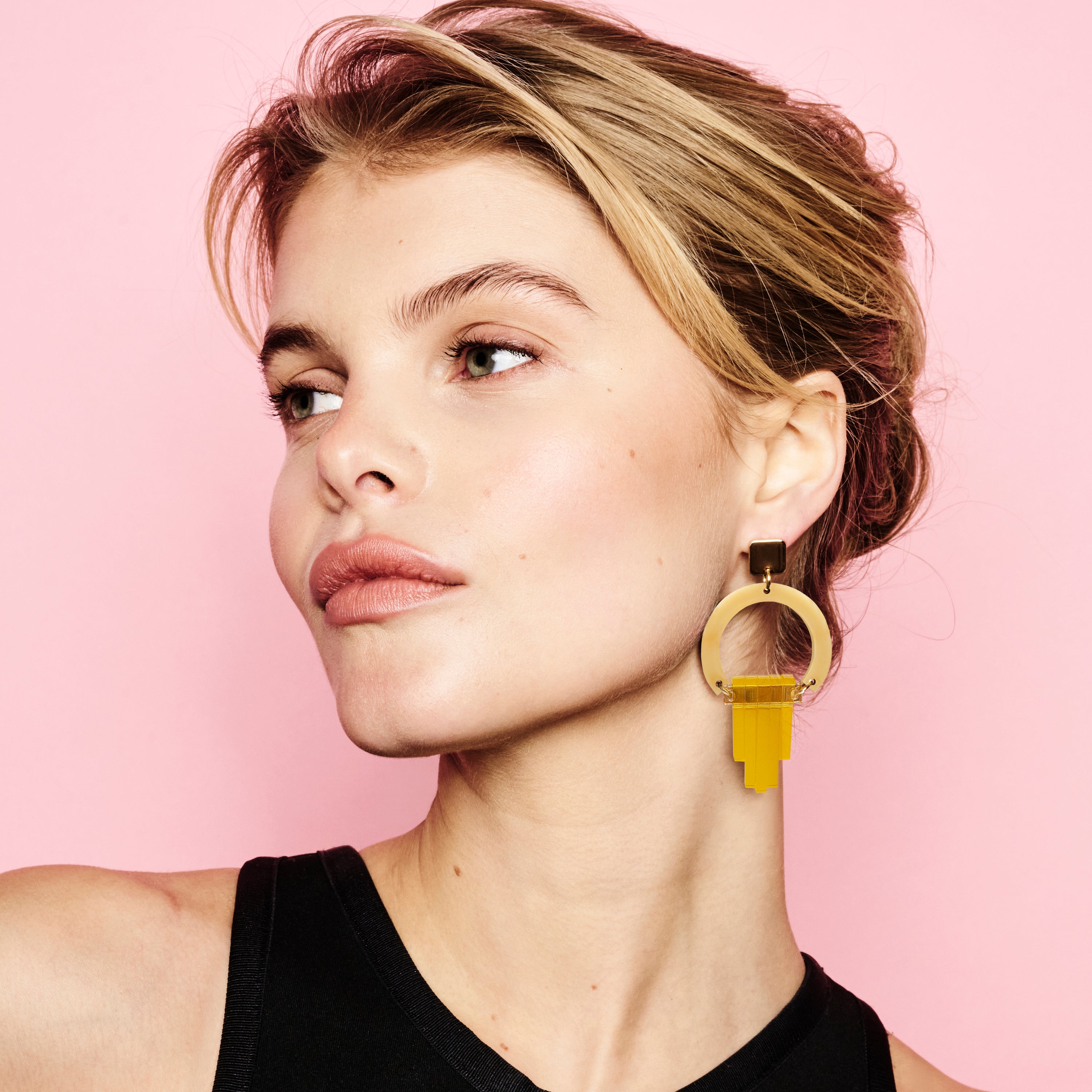 Art Deco Chandelier Earrings - Caramel Marble, Gold Mirror & Saffron