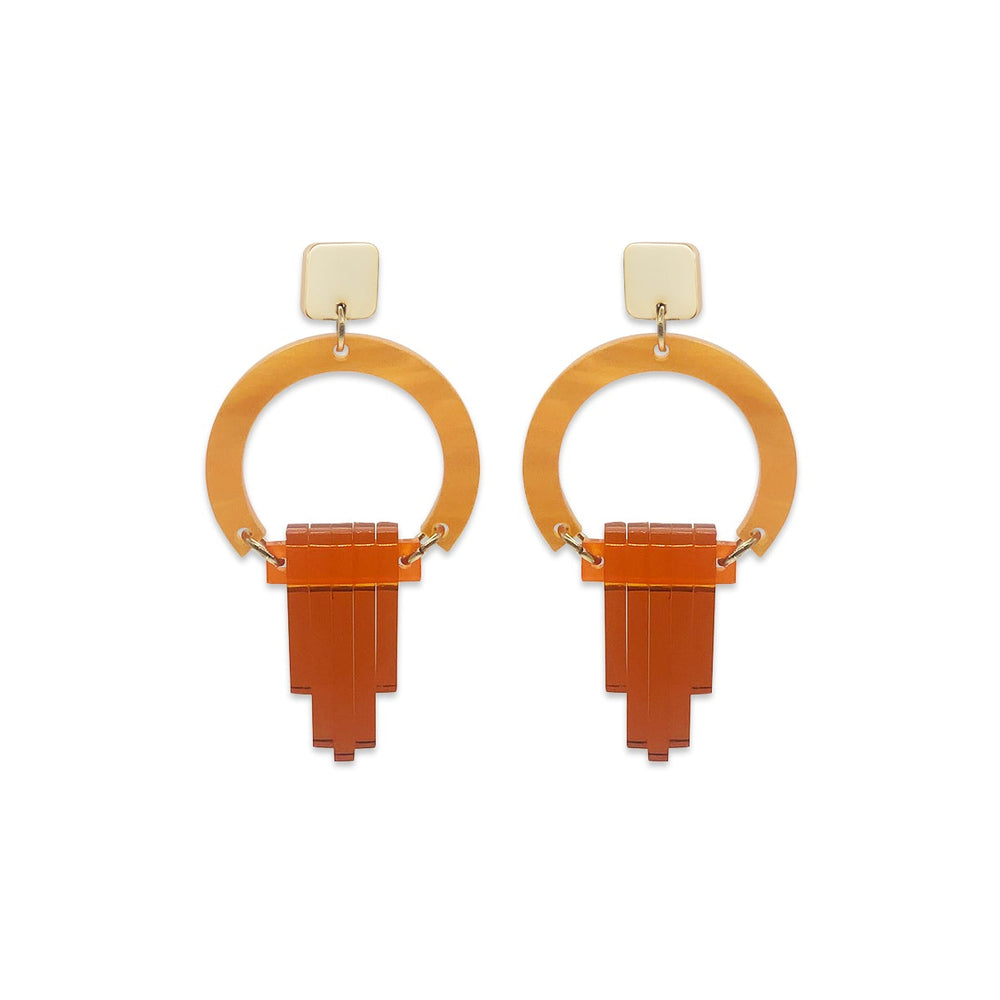 Art Deco Chandelier Earrings - Orange Pearl & Burnt Orange