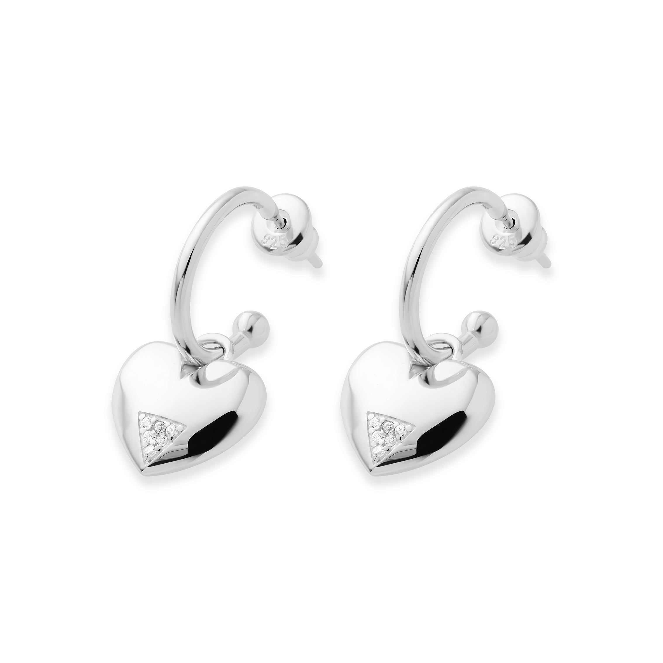 Art Deco Hearts Hoop Earrings - Silver & Cubic Zirconia