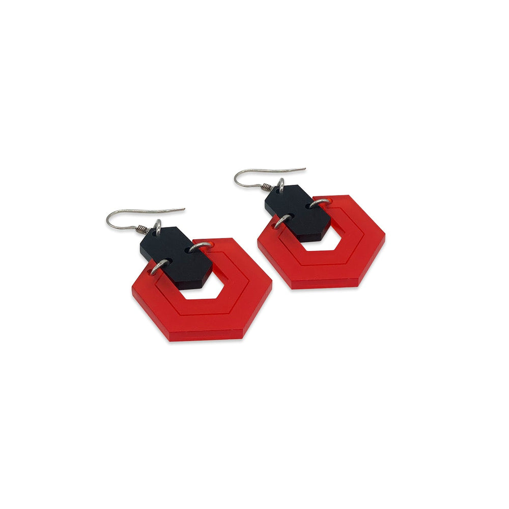 Art Deco Hexagon Earrings - Red & Black