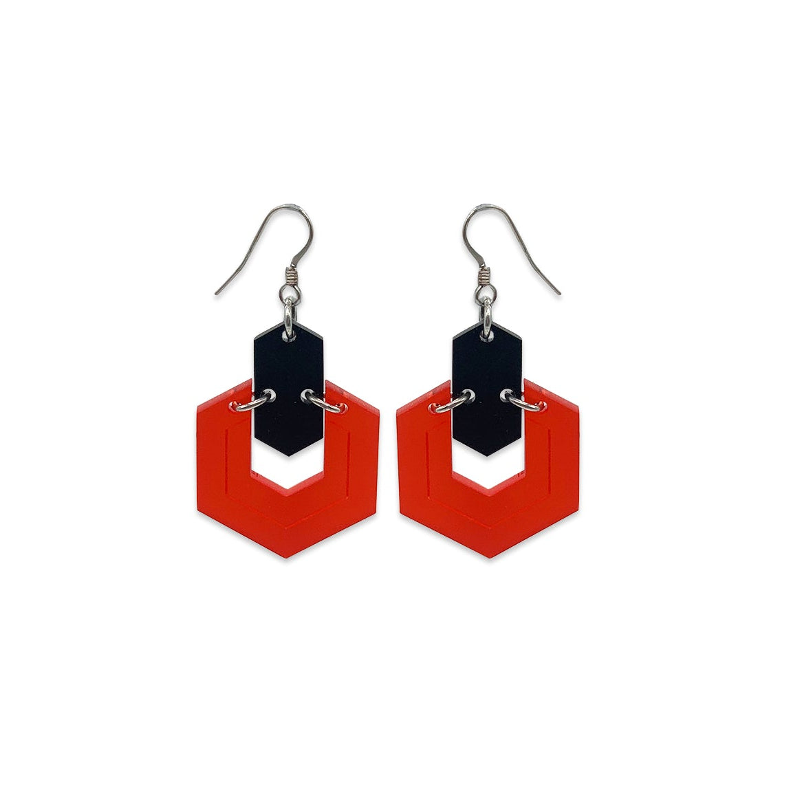Art Deco Hexagon Earrings - Red & Black
