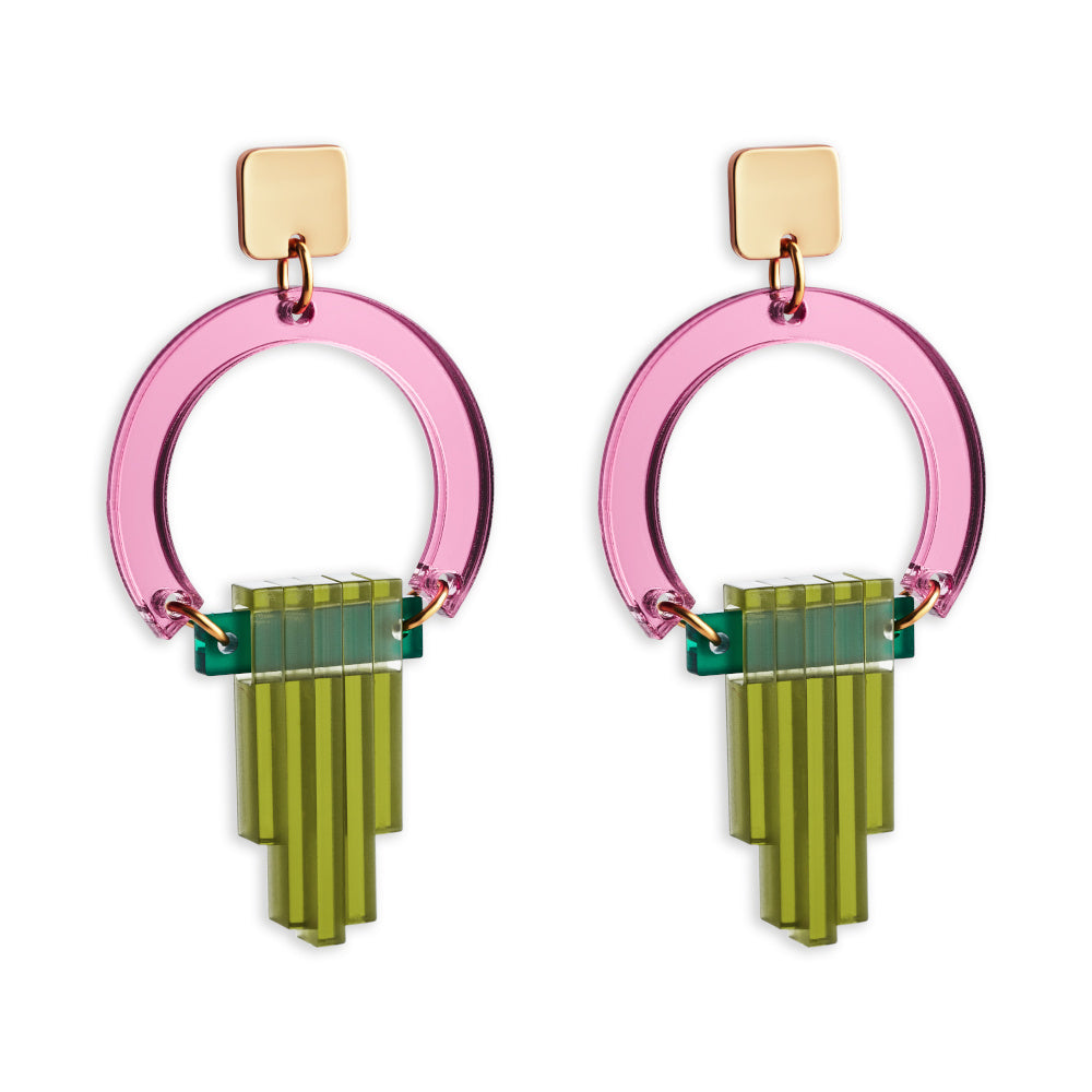Art Deco Chandelier Earrings - Pink Mirror and Lime Zest Green – Toolally