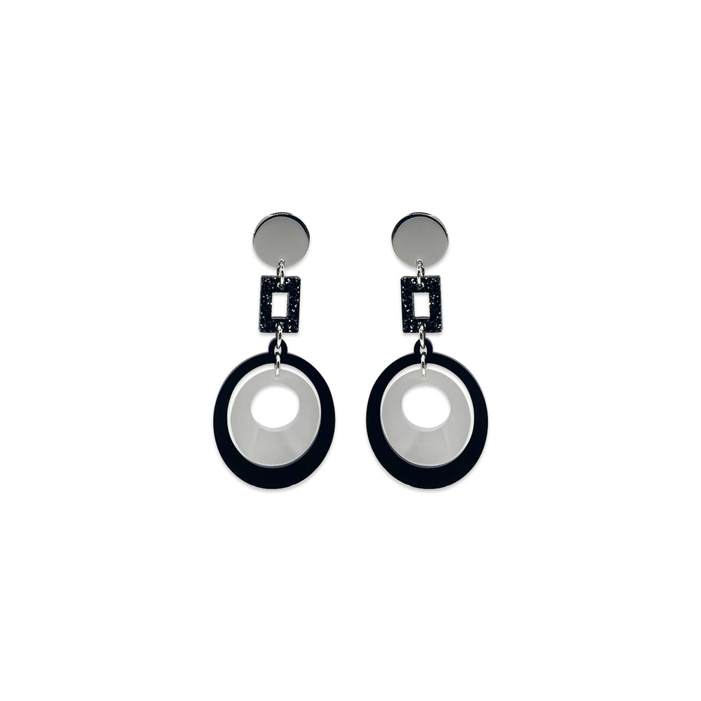Barbarella Earrings - Black Gloss, White Pearl & Black Glitter