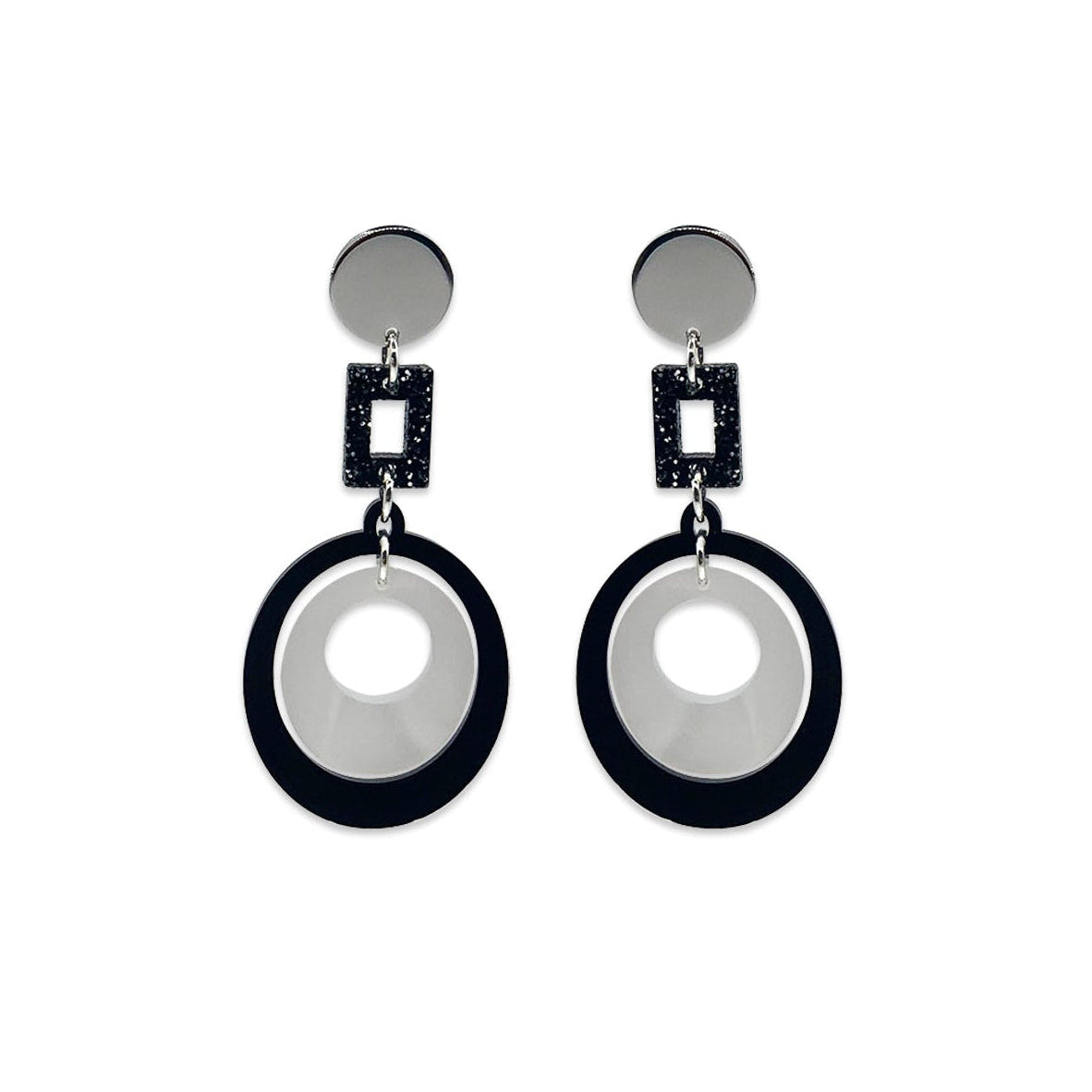 Barbarella Earrings - Black Gloss, White Pearl & Black Glitter