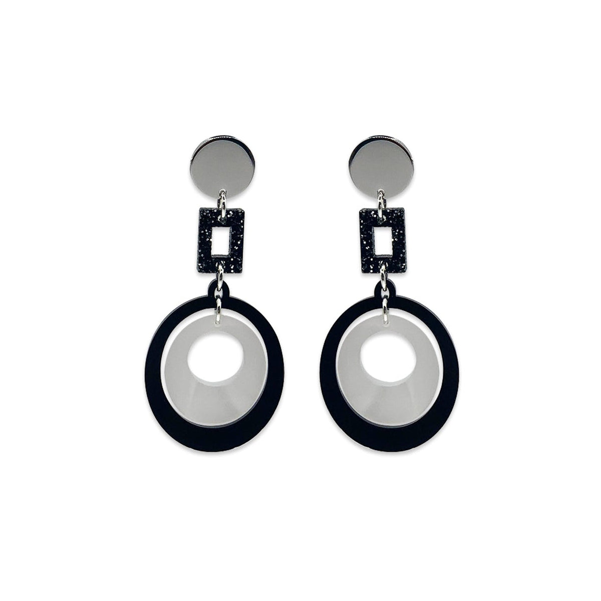 Barbarella Earrings - Black Gloss, White Pearl & Black Glitter