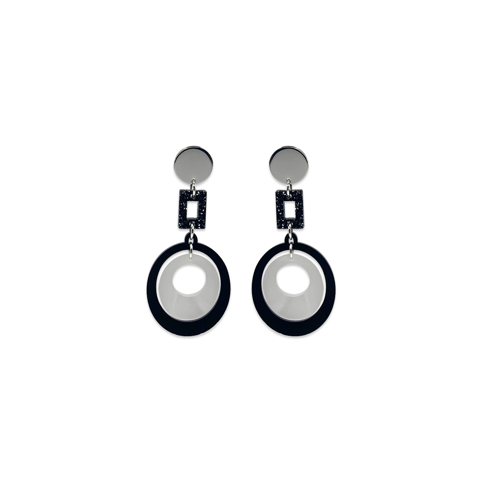 Barbarella Earrings - Black Gloss, White Pearl & Black Glitter