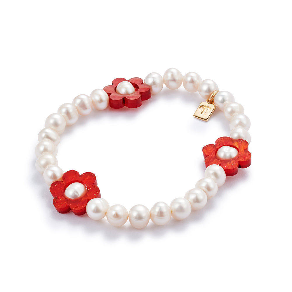 Flower Pearl Bracelet - Red