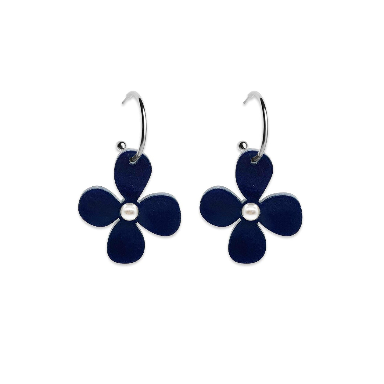 Daisy Hoop Earrings - Navy Blue Pearl