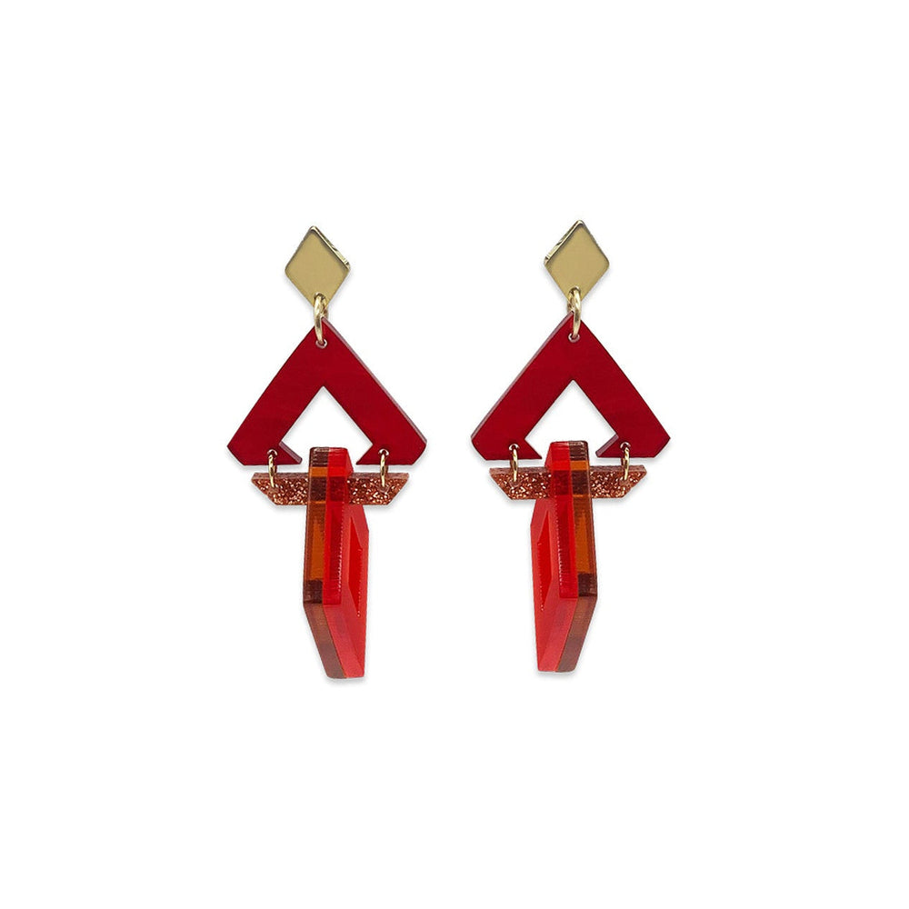 Diamond Chandelier Earrings - Cherry Red, Copper Glitter, Burnt Orange & Chilli Red