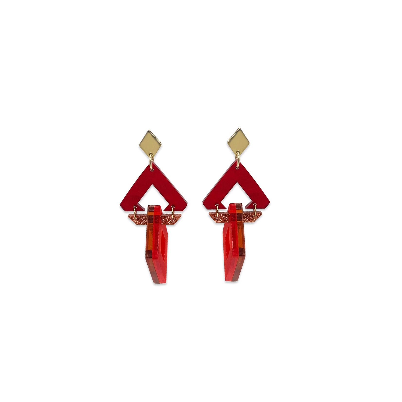 Diamond Chandelier Earrings - Cherry Red, Copper Glitter, Burnt Orange & Chilli Red