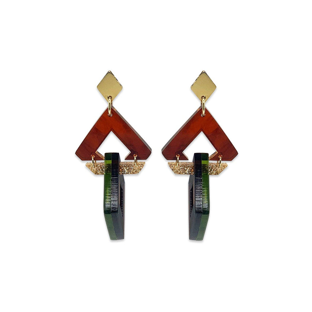 Diamond Chandelier Earrings - Tortoiseshell, Gold Glitter, Lime Zest & Earth Brown