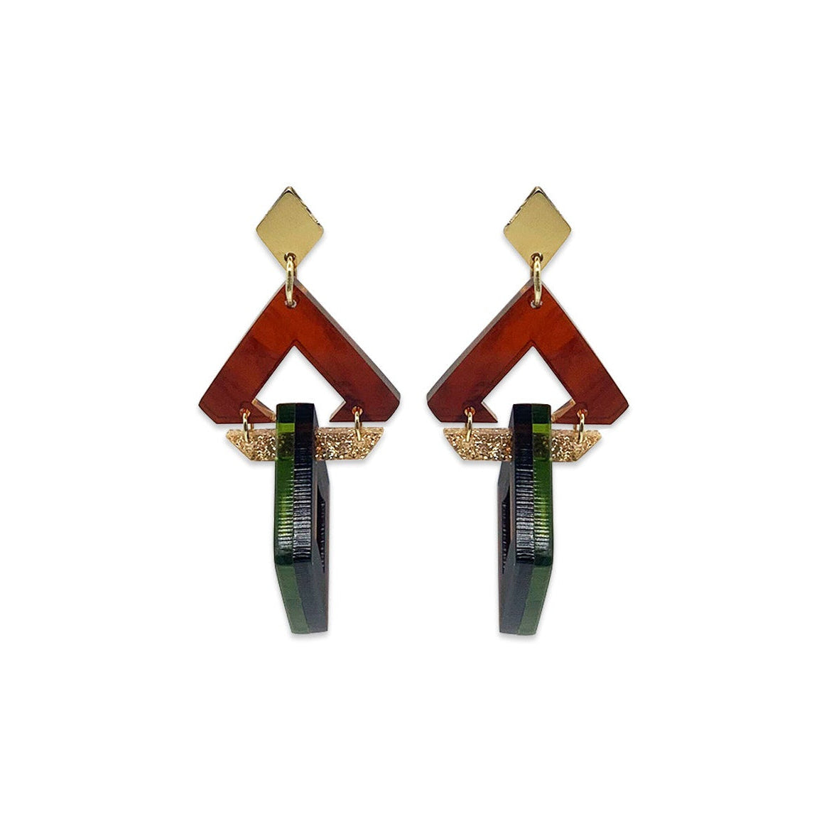 Diamond Chandelier Earrings - Tortoiseshell, Gold Glitter, Lime Zest & Earth Brown