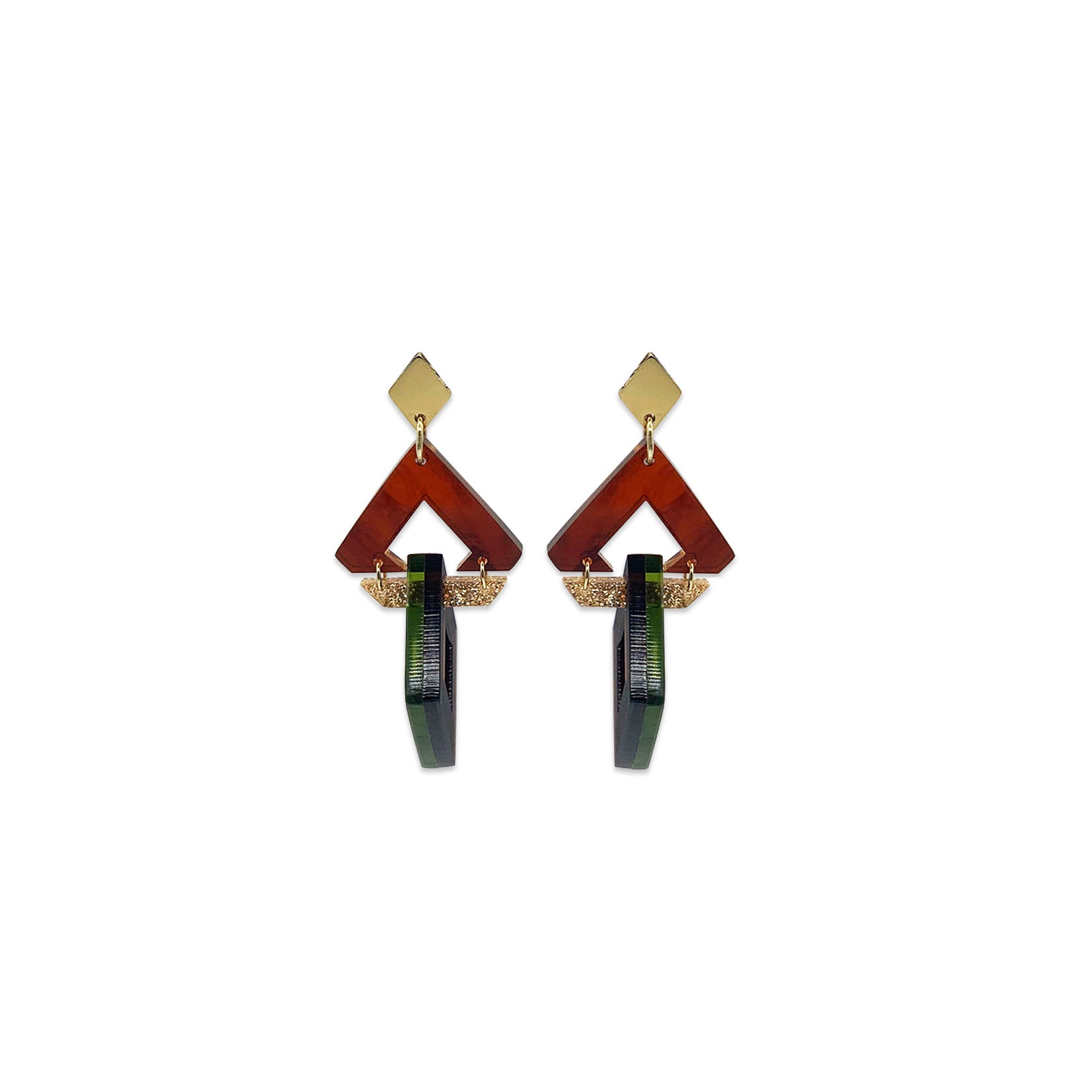 Diamond Chandelier Earrings - Tortoiseshell, Gold Glitter, Lime Zest & Earth Brown