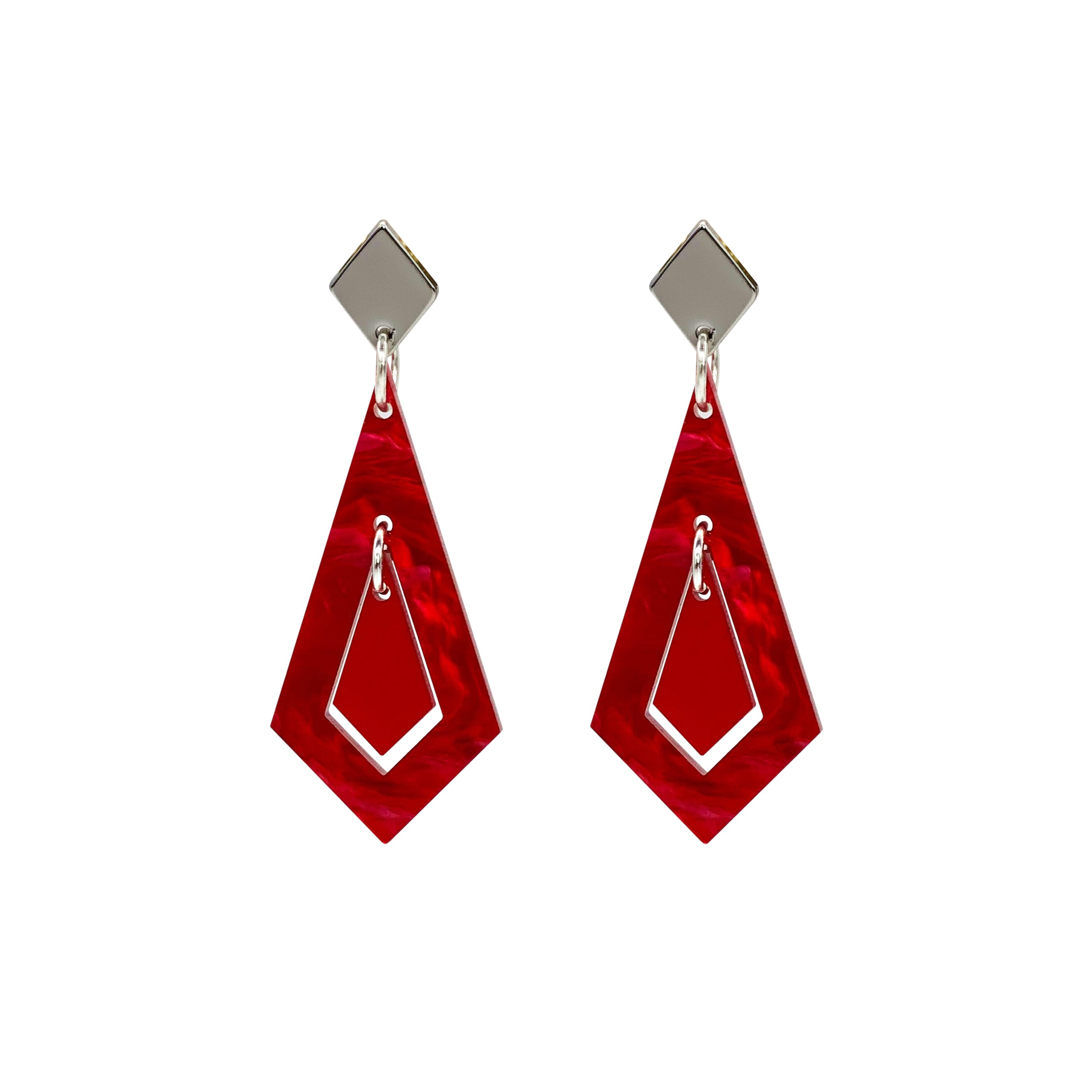Art Deco Diamond Earrings - Pink Swirl & Royal Red