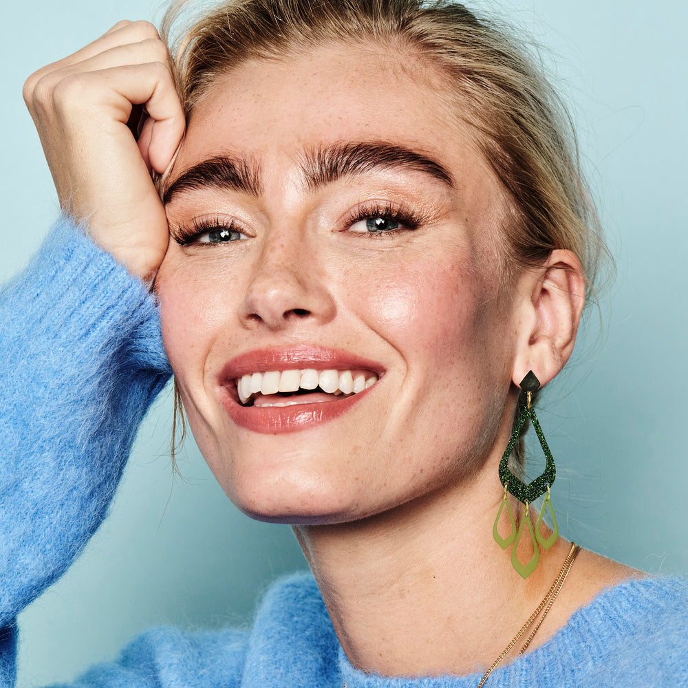 Feather Drop Earrings - Forest Green Glitter & Lime Zest Green