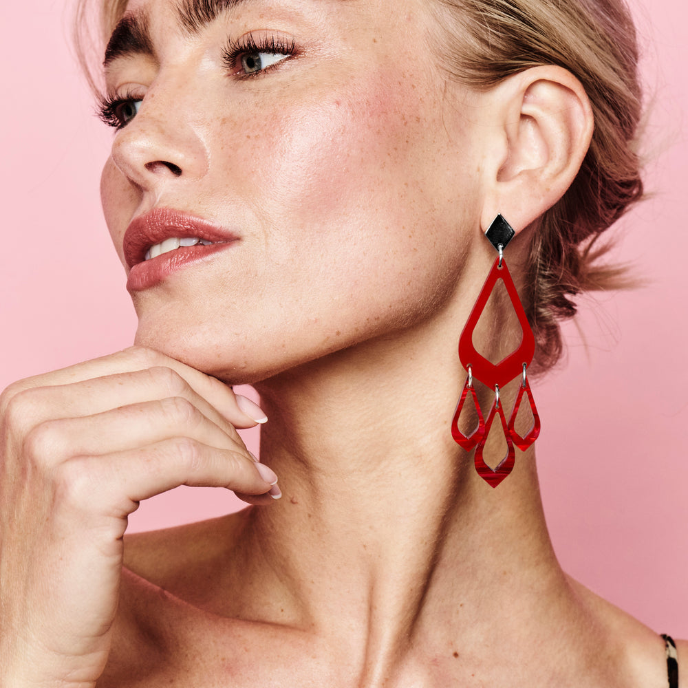 Feather Drop Earrings - Royal Red & Pink Swirl